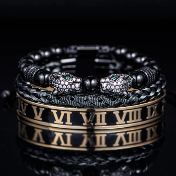 S690634c62d6b4577a9717e96746ba3cab.webp Luxury Set Bracelets Men Double Leopard head Handmade Enamel Roman Numeral Bangles Rope Buckle Stone Beads Jewelry Dropshipping