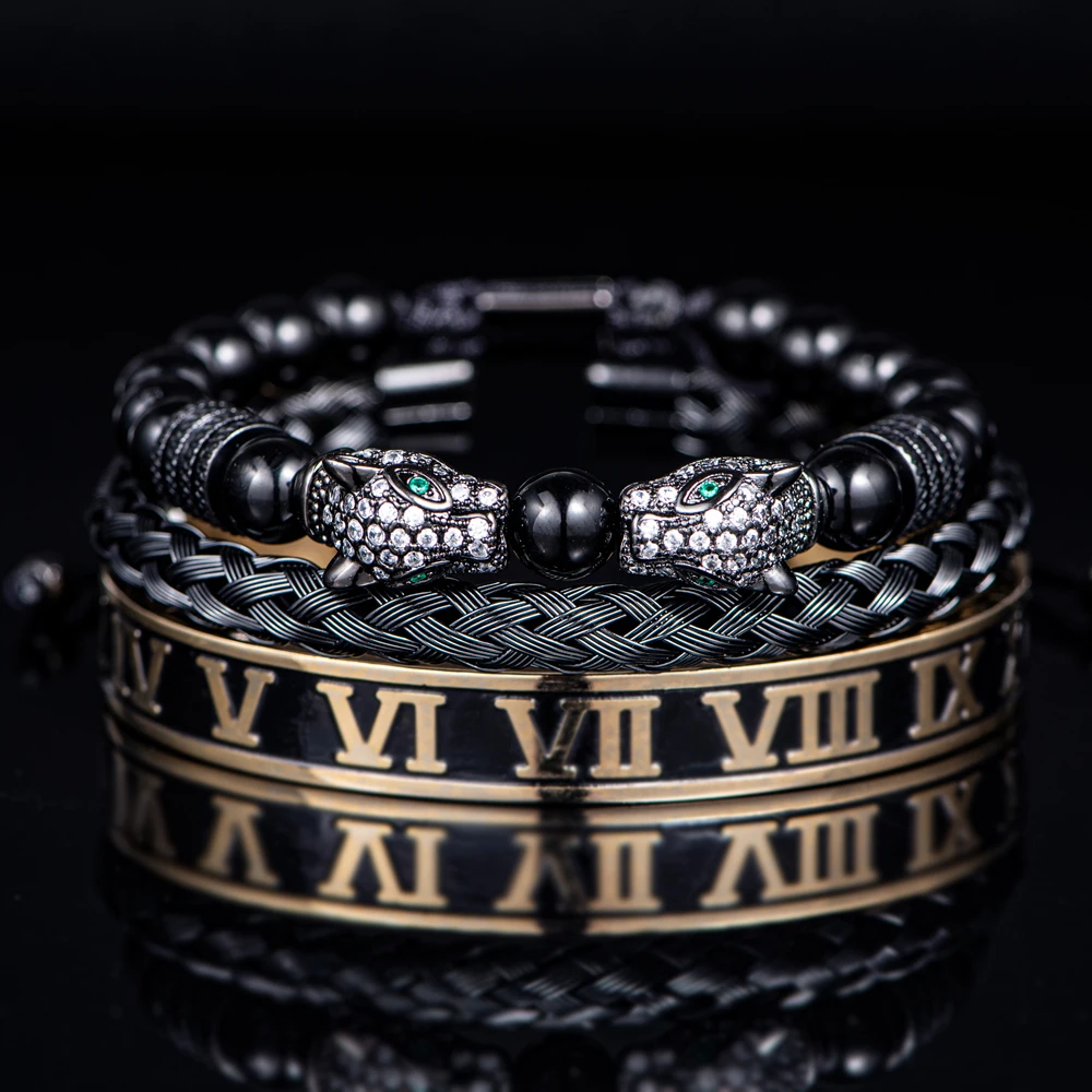 Luxury Set Bracelets Men Double Leopard head Handmade Enamel Roman Numeral Bangles Rope Buckle Stone Beads Jewelry Dropshipping