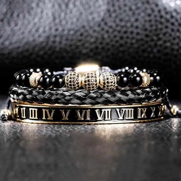 Luxury Set Crown Charm Gold Color Skull Bracelet Stainless Steel Men Black Enamel Roman Number Bangles Europe Couple Jewelry