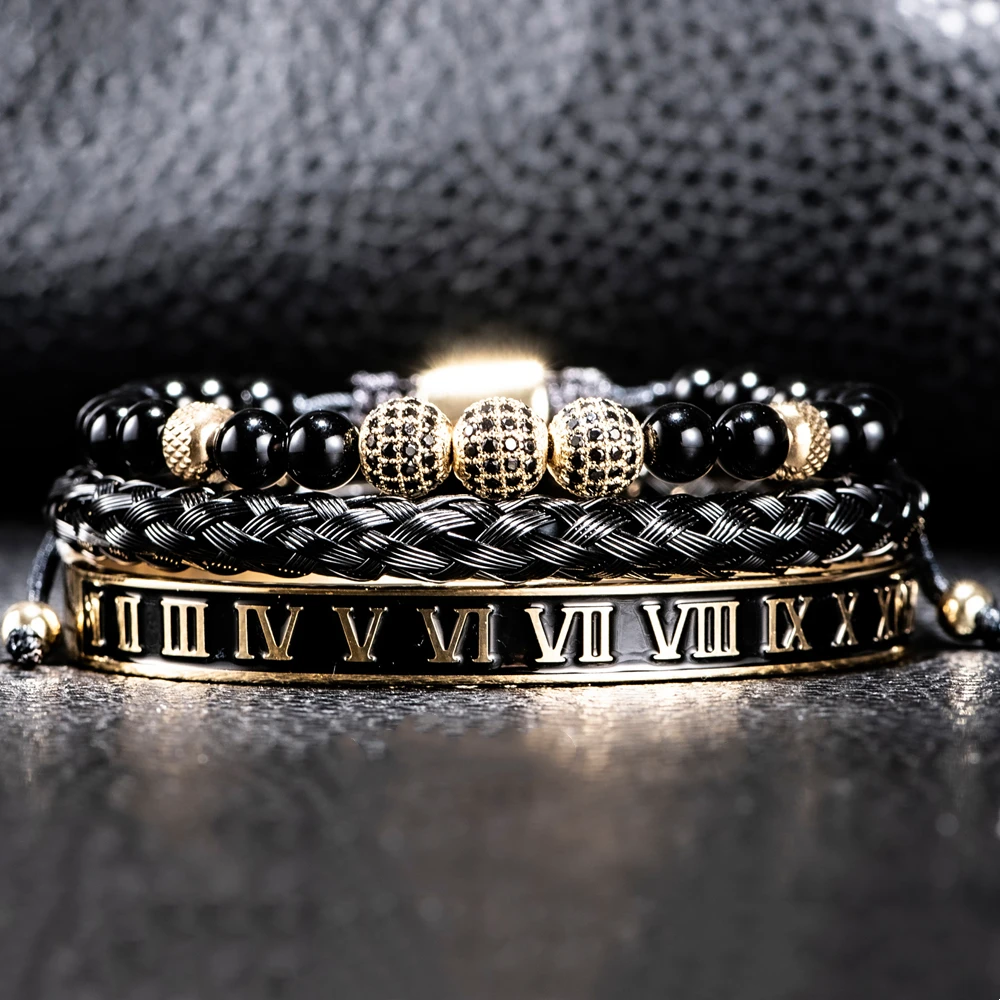 Luxury Set Crown Charm Gold Color Skull Bracelet Stainless Steel Men Black Enamel Roman Number Bangles Europe Couple Jewelry