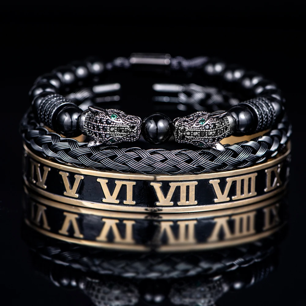 Luxury Set Bracelets Men Double Leopard head Handmade Enamel Roman Numeral Bangles Rope Buckle Stone Beads Jewelry Dropshipping