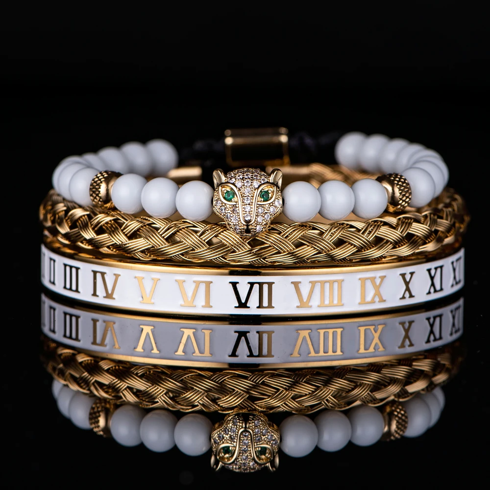 Luxury Set Crown Charm Gold Color Skull Bracelet Stainless Steel Men Black Enamel Roman Number Bangles Europe Couple Jewelry