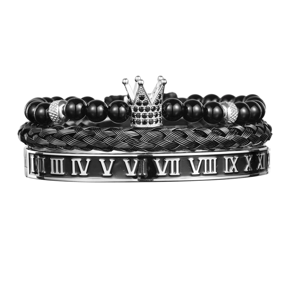 Luxury Set Crown Charm Gold Color Skull Bracelet Stainless Steel Men Black Enamel Roman Number Bangles Europe Couple Jewelry
