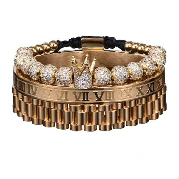 S92657ab2c0034683ae0c4a61b40eb1f0e-1.webp 3pcs Luxury Micro Pave CZ Crown Roman Numeral Bracelet Watch Band Stainless Steel Dudes Rollie Macrame Wristbands Men Jewelry