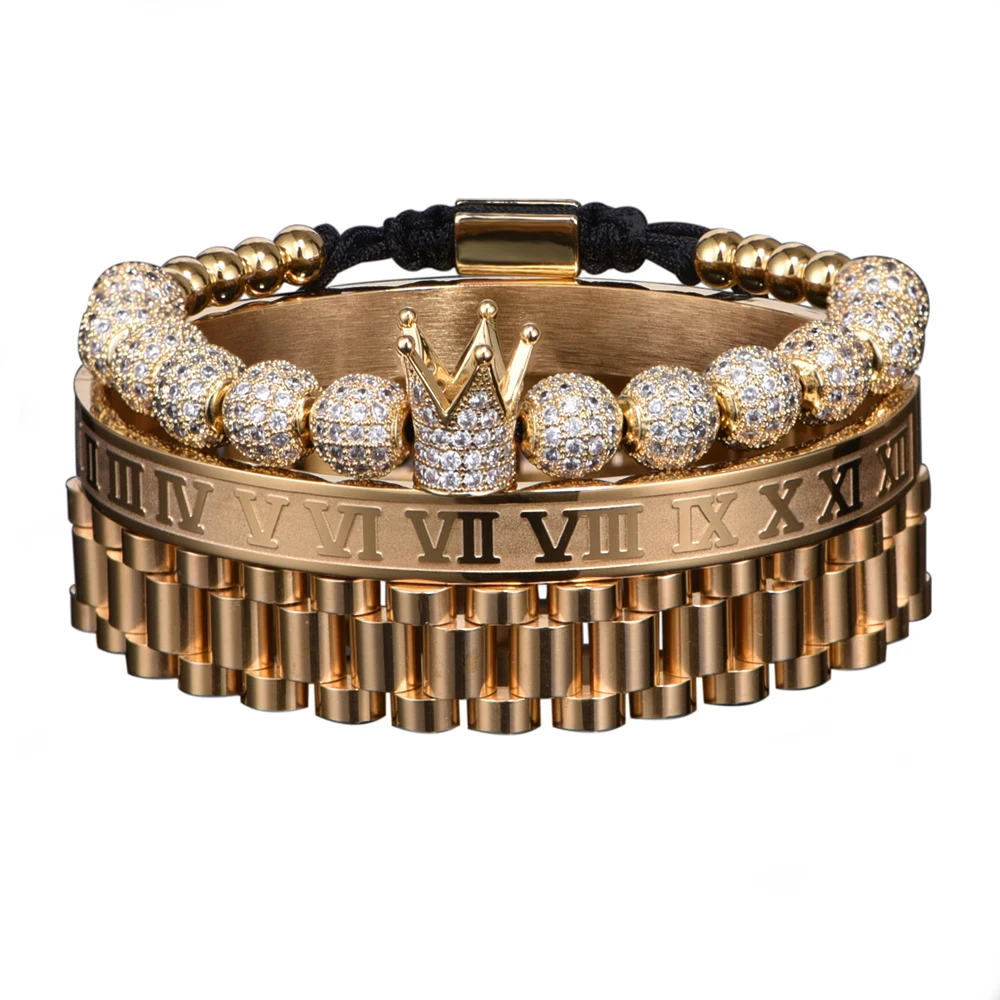 3pcs Luxury Micro Pave CZ Crown Roman Numeral Bracelet  Watch Band Stainless Steel Dudes Rollie Macrame Wristbands Men Jewelry