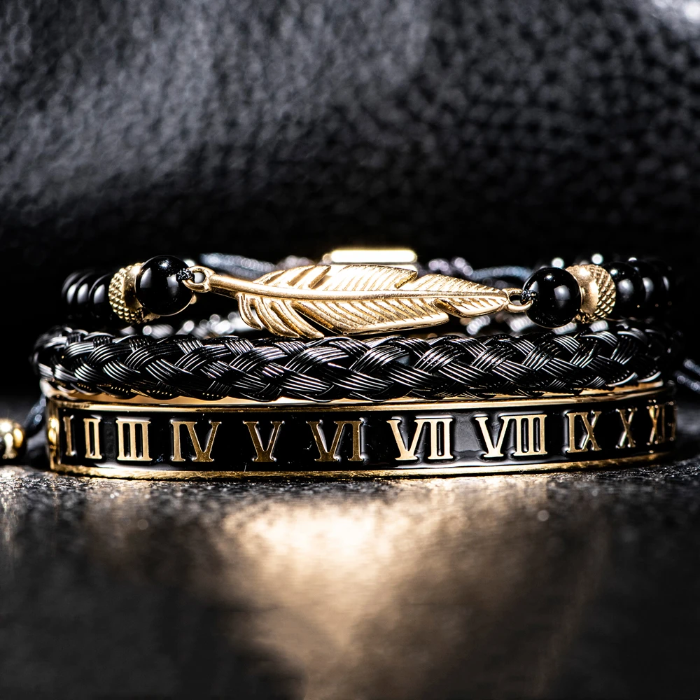 Luxury Set Crown Charm Gold Color Skull Bracelet Stainless Steel Men Black Enamel Roman Number Bangles Europe Couple Jewelry