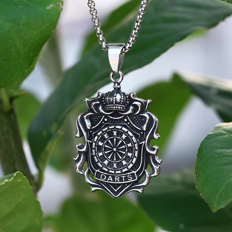2024 NEW 316L Stainless Steel Vintage GOD OF DARTS KING CROWN Pendant Necklace For Man Rock Punk Gothic Collar Gifts For Him