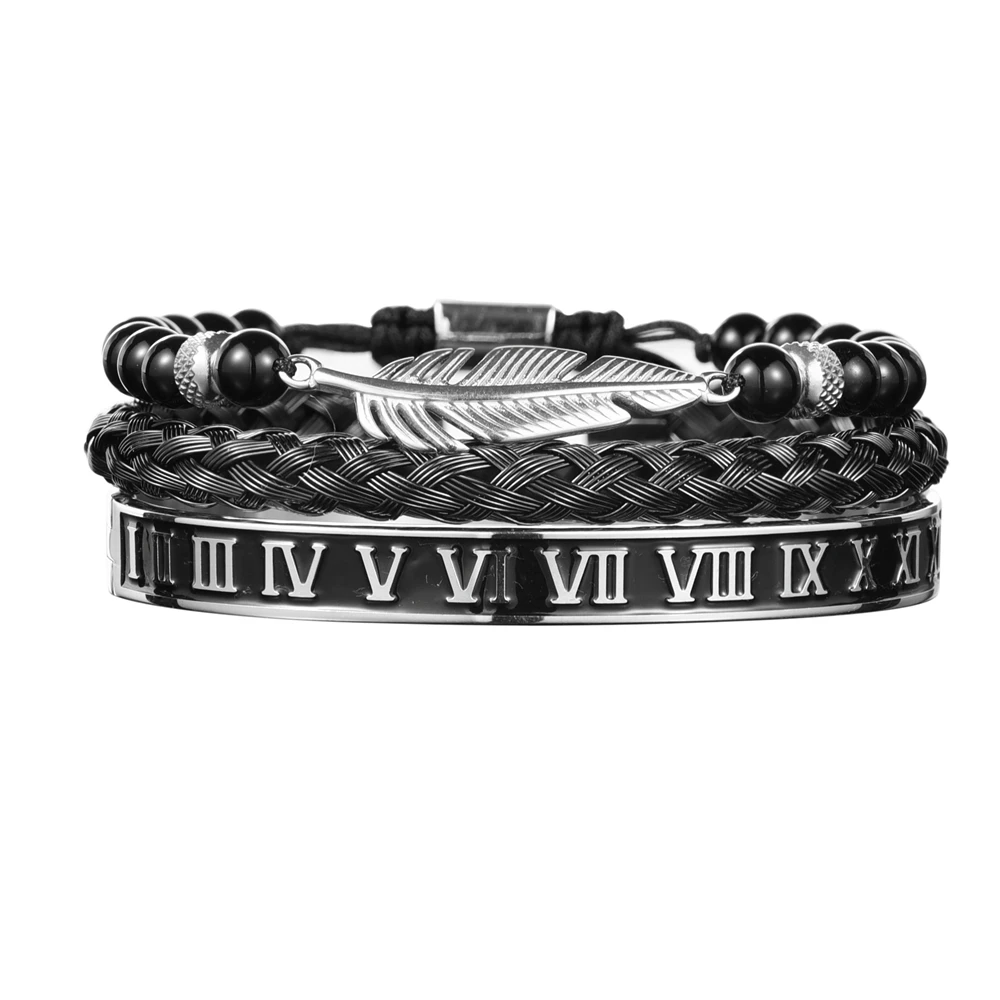 Luxury Set Crown Charm Gold Color Skull Bracelet Stainless Steel Men Black Enamel Roman Number Bangles Europe Couple Jewelry