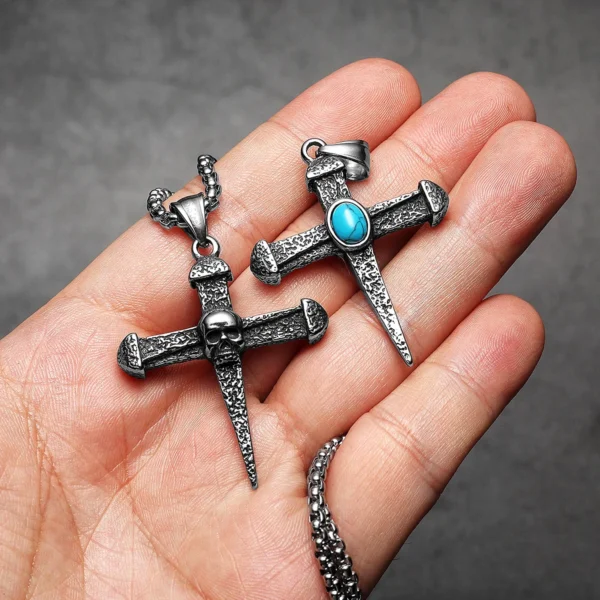 S9d63f06f52b347c486b723f5f11eed01r.webp Skull Turquoise Cross Men Necklaces Stainless Steel Pendant Chain Women Fashion Jewelry Double Side Accessories Gifts Wholesale