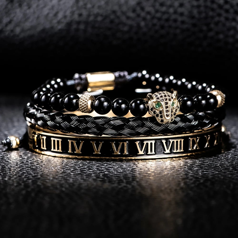 Luxury Set Crown Charm Gold Color Skull Bracelet Stainless Steel Men Black Enamel Roman Number Bangles Europe Couple Jewelry