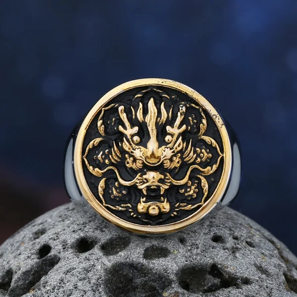 Sa18df3527b6f4fed97f52bdacbf6f4b5a.webp 2024 New fashion 316L Stainless Steel Yellow Jambhala Ring For Man High Polished Buddhist Kylin Anel Religious Amulet Jewelry