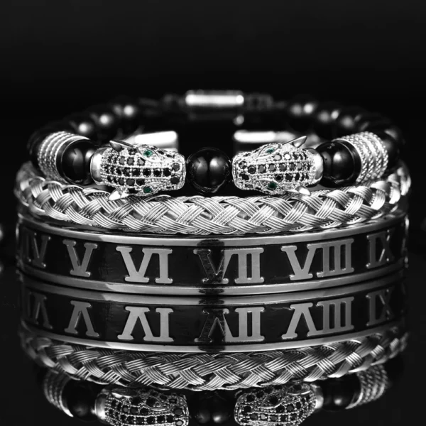 Sa1bd6ecb588b4b128707c7525a86798cN.webp Luxury Set Bracelets Men Double Leopard head Handmade Enamel Roman Numeral Bangles Rope Buckle Stone Beads Jewelry Dropshipping
