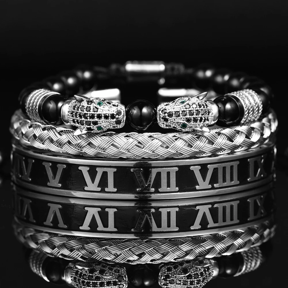 Luxury Set Bracelets Men Double Leopard head Handmade Enamel Roman Numeral Bangles Rope Buckle Stone Beads Jewelry Dropshipping