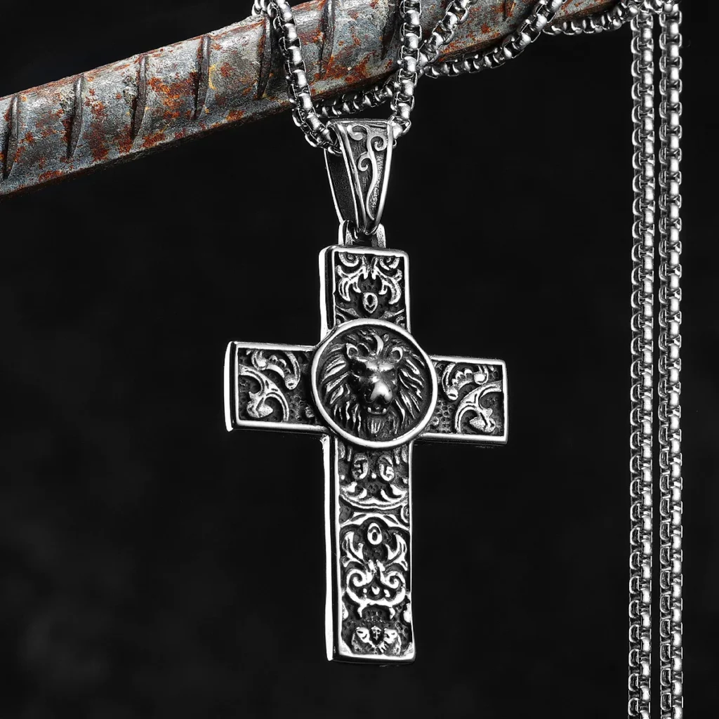 Lion Carving Flowers Cross Men Necklaces Stainless Steel Pendant Chain Women Fashion Jewelry Punk Accessories Gifts Wholesale