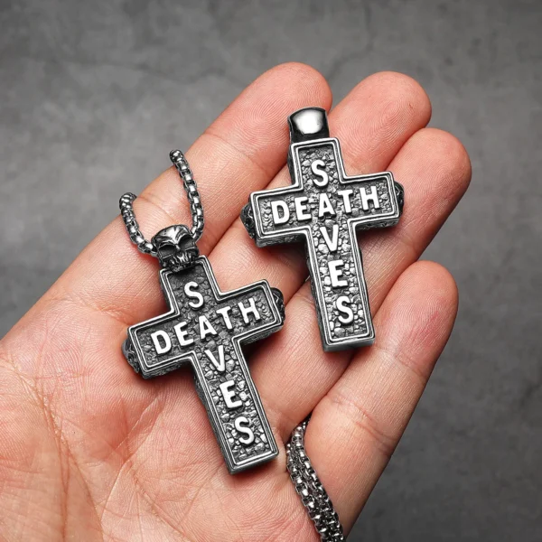 Sbe4bbf208b7e49059071a86423aa30e7w.webp Death Saves Skull Cross Men Necklaces Stainless Steel Pendant Chain Women Fashion Jewelry Punk Gothic Accessories Gift Wholesale