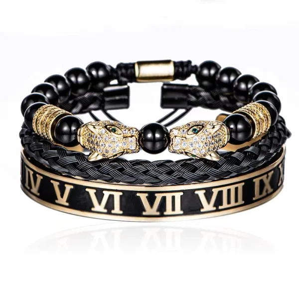 Sbe9e9adeb7754a7189105f8b584aea50d-2.webp Luxury Set Bracelets Men Double Leopard head Handmade Enamel Roman Numeral Bangles Rope Buckle Stone Beads Jewelry Dropshipping