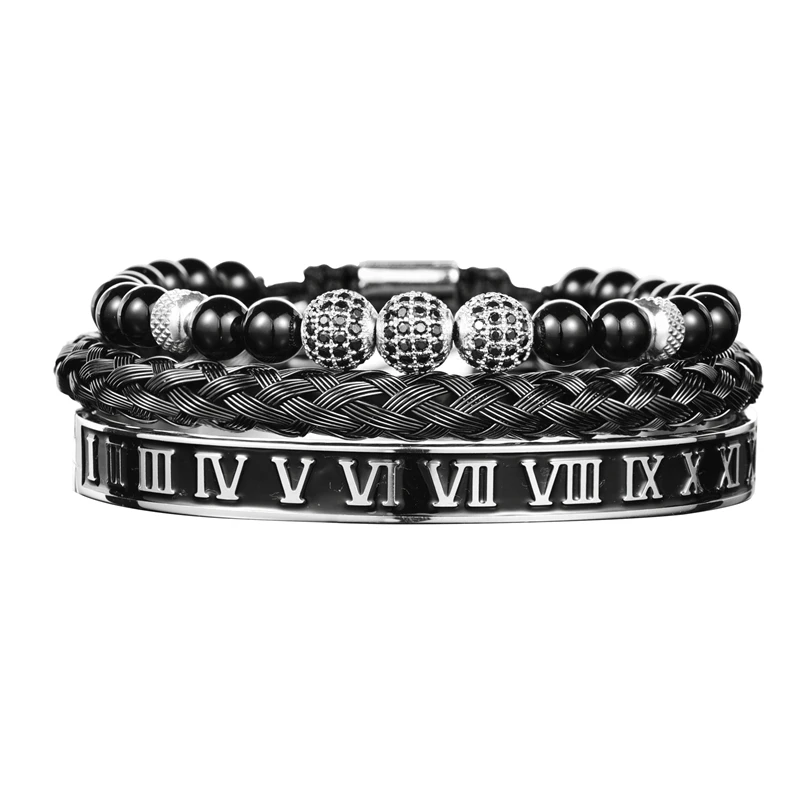 Luxury Set Crown Charm Gold Color Skull Bracelet Stainless Steel Men Black Enamel Roman Number Bangles Europe Couple Jewelry