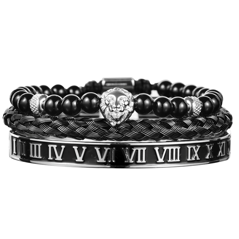 Luxury Set Crown Charm Gold Color Skull Bracelet Stainless Steel Men Black Enamel Roman Number Bangles Europe Couple Jewelry