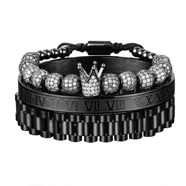 Sd2c13f07863d494892bd10e7e136402bR-3.webp 3pcs Luxury Micro Pave CZ Crown Roman Numeral Bracelet Watch Band Stainless Steel Dudes Rollie Macrame Wristbands Men Jewelry