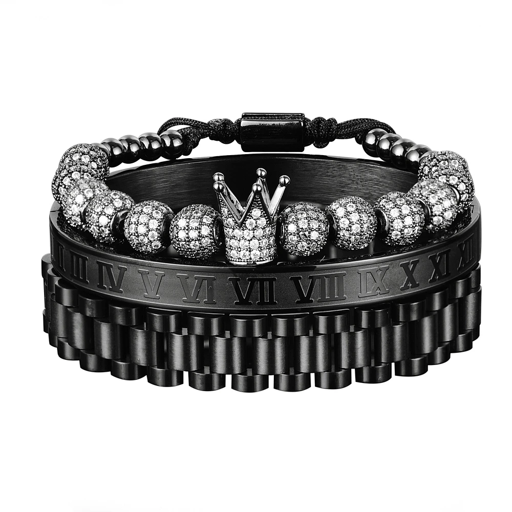 3pcs Luxury Micro Pave CZ Crown Roman Numeral Bracelet  Watch Band Stainless Steel Dudes Rollie Macrame Wristbands Men Jewelry