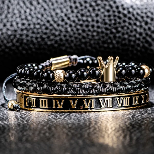 Se2c948923a3a493c8ed9a9ba31dc2be01.webp Luxury Set Crown Charm Gold Color Skull Bracelet Stainless Steel Men Black Enamel Roman Number Bangles Europe Couple Jewelry