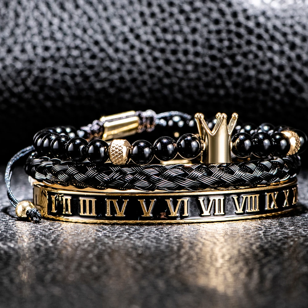 Luxury Set Crown Charm Gold Color Skull Bracelet Stainless Steel Men Black Enamel Roman Number Bangles Europe Couple Jewelry
