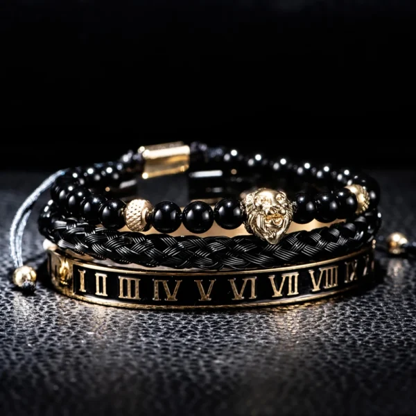 Luxury Set Crown Charm Gold Color Skull Bracelet Stainless Steel Men Black Enamel Roman Number Bangles Europe Couple Jewelry