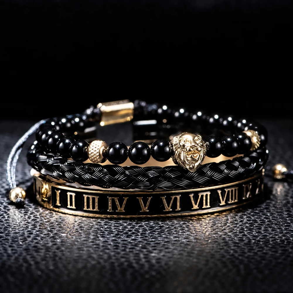 Luxury Set Crown Charm Gold Color Skull Bracelet Stainless Steel Men Black Enamel Roman Number Bangles Europe Couple Jewelry
