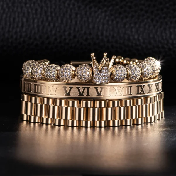 Se965466af1ca4666a4dd6704f17b3fa1a-3.webp 3pcs Luxury Micro Pave CZ Crown Roman Numeral Bracelet Watch Band Stainless Steel Dudes Rollie Macrame Wristbands Men Jewelry