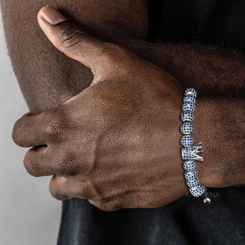 New Blue Zircon Bracelets Men Jewelry CZ Imperial Crown Charm 8mm  Round Braided Macrame Men Cuff  Bracelet Pulseira Feminina