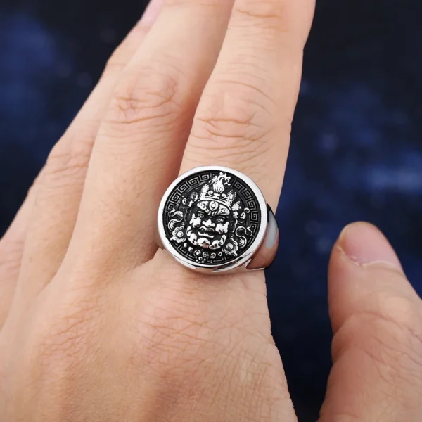 Sef86ff96f9a247f1aab1be42ebe1f014x.webp 2024 New fashion 316L Stainless Steel Yellow Jambhala Ring For Man High Polished Buddhist Kylin Anel Religious Amulet Jewelry