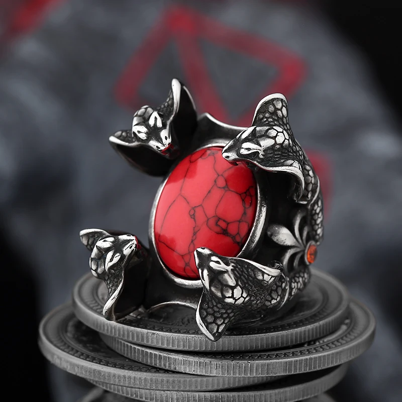 Punk Rock New Dropshipping 316L Stainless Steel Animal Snake Ring With Red Stone For Man Women Party Gift