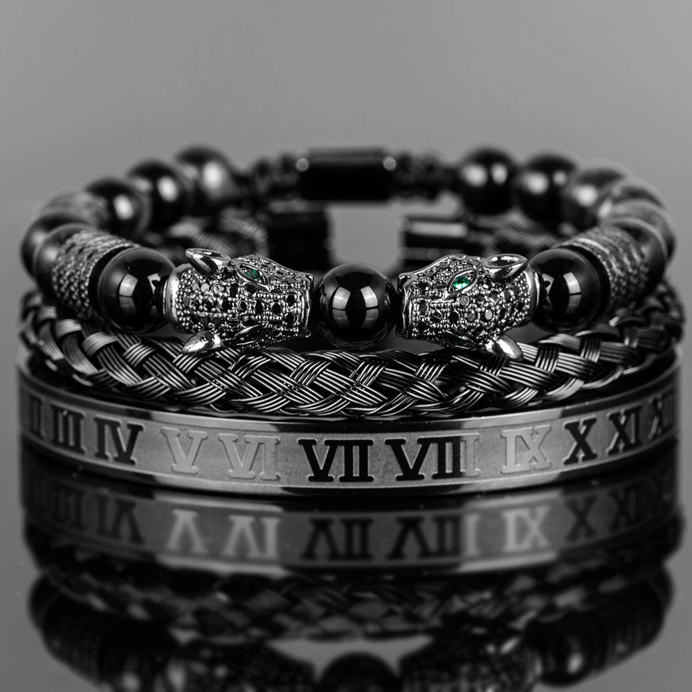 Luxury Set Bracelets Men Double Leopard head Handmade Enamel Roman Numeral Bangles Rope Buckle Stone Beads Jewelry Dropshipping