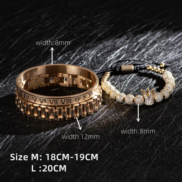 Sf8dacfae0955491d98338a61942bfc65s-3.webp 3pcs Luxury Micro Pave CZ Crown Roman Numeral Bracelet Watch Band Stainless Steel Dudes Rollie Macrame Wristbands Men Jewelry
