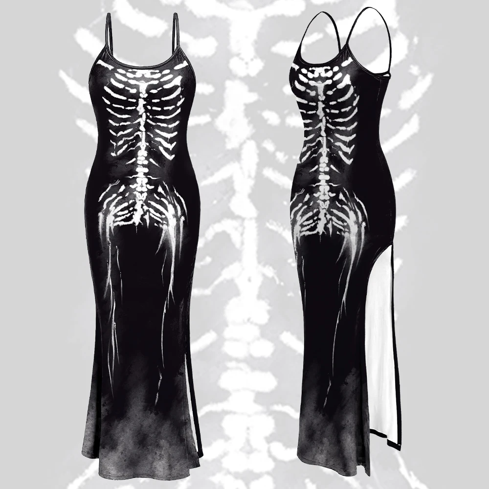 Punk Camisole Dress Halloween Long Dress Gothic Skeleton Pattern Cosplay Costume Party Dress Sexy Outfit Festival Clothing - Image 3
