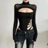 Goth Dark Hollouw Out Long Sleeve Skinny Bodysuit Women Y2K Grunge Mesh Patchwork Playsuits Mall Goth Fashion Street Bodysuits