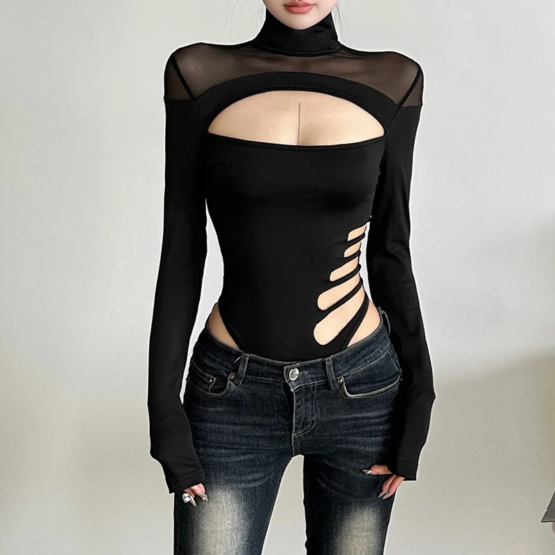 S2f665ca529b0410f9348eda439101428g.webp Goth Dark Hollouw Out Long Sleeve Skinny Bodysuit Women Y2K Grunge Mesh Patchwork Playsuits Mall Goth Fashion Street Bodysuits