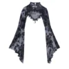 Goth Dark See Through Mesh Flocking Print Crop Shrug Tops Mall Gothic Flare Sleeve Smock Shawl Women Thin Coats Alt Streetwear