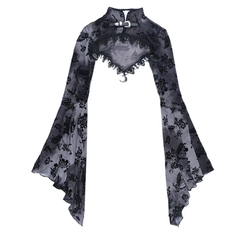 S35637d40bdb645528b5987a788d76d51r.webp Goth Dark See Through Mesh Flocking Print Crop Shrug Tops Mall Gothic Flare Sleeve Smock Shawl Women Thin Coats Alt Streetwear