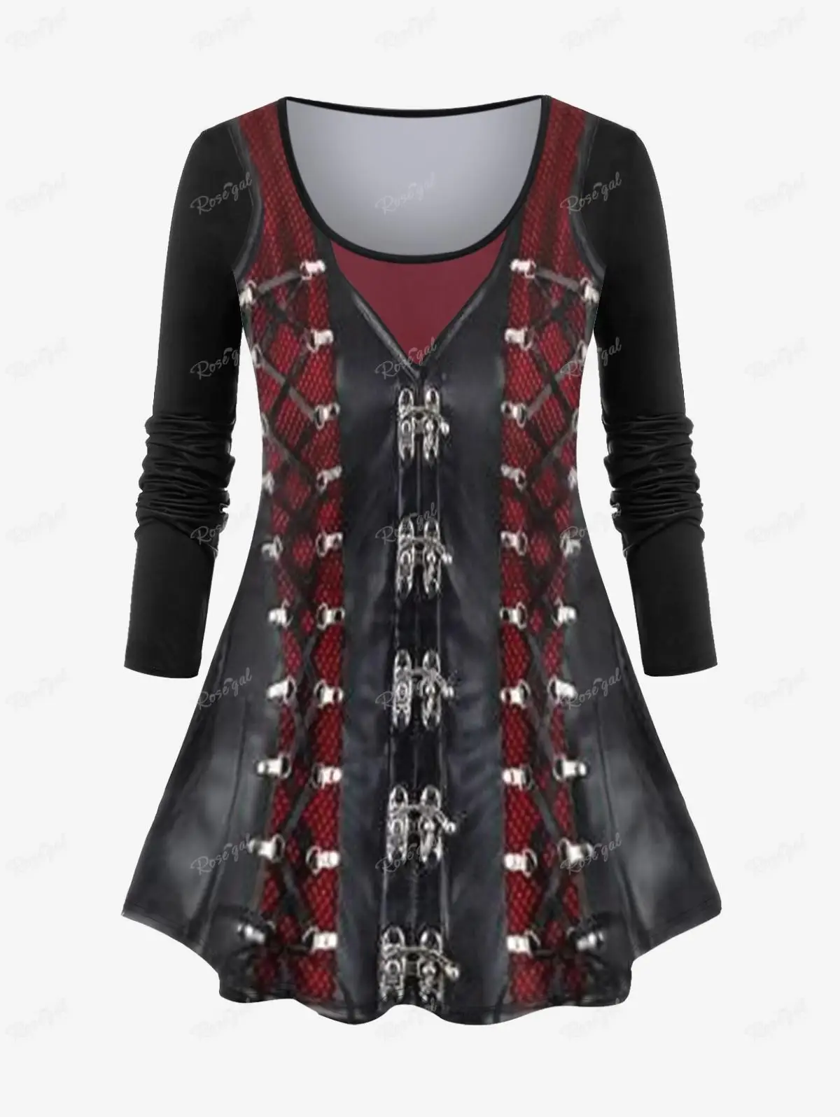 ROSEGAL Plus Size Gothic Graphic T-Shirt for Women, Long Sleeve, Zipper Buckles 3D Print Halloween Thin Tops Spring Fall Clothes