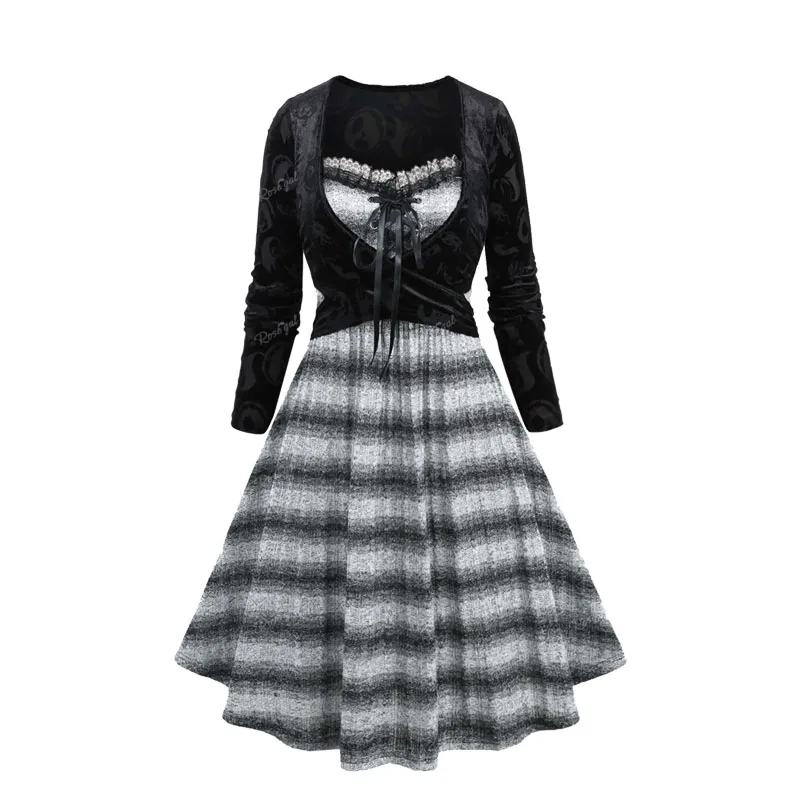 S3ec31415fd074459b1886f59ef9731c1I.webp ROSEGAL Plus Size Casual Dresses Skull Pumpkin Print Crossover Lace Up Striped Knitted 2 In 1 Dress Women Going Out Vestidos