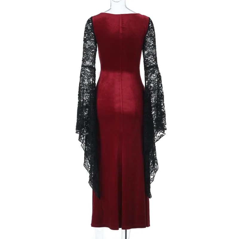 Goth Dark Elegant Fashion Lace Patchwork Velvet Long Dress Women Partywear Mall Gothic Flare Sleeve Hem Split Bodycon Dresses - Image 7