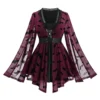 ROSEGAL Plus Size Split Flare Sleeves T-shirt Women Spring Autumn Deep Red Bat Star Mesh Flocking Lace Up Lace-trim Belted Tops