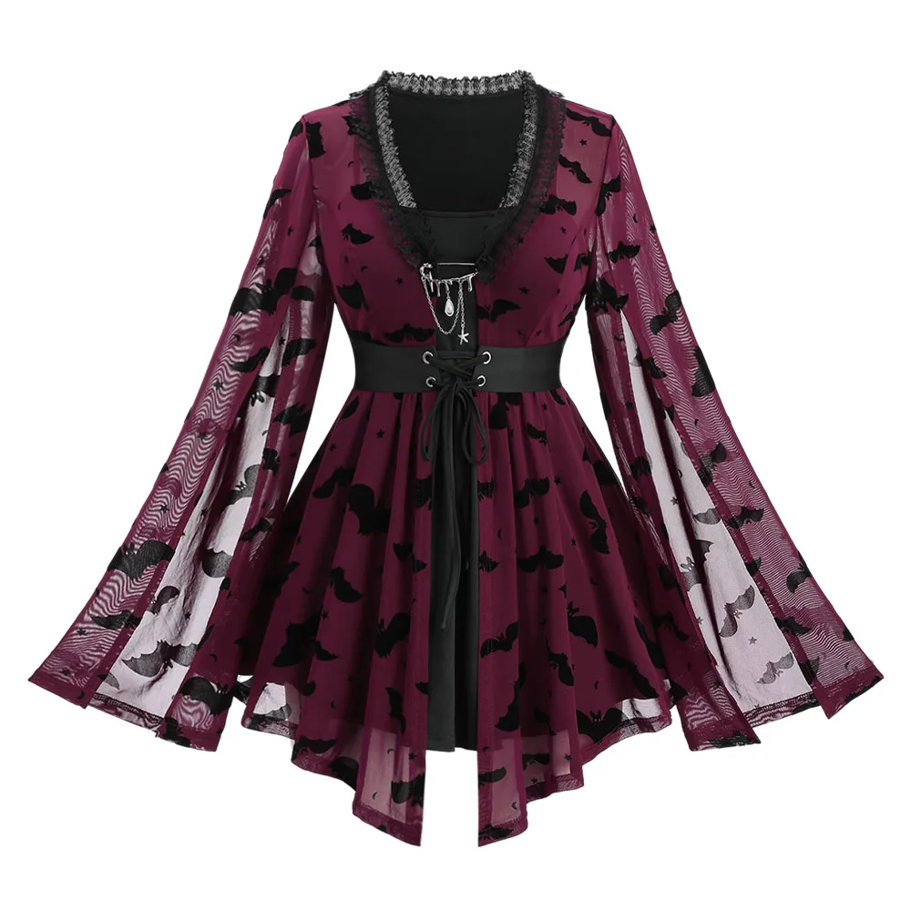 S45211e29248a4a1e83dcba2520875b37Y.webp ROSEGAL Plus Size Split Flare Sleeves T-shirt Women Spring Autumn Deep Red Bat Star Mesh Flocking Lace Up Lace-trim Belted Tops
