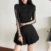 Goth Dark Half High Collar Skinny Bodysuit Hot Sexy Hollow Out Bandage One-Piece Tops Gothic Streetwear Cyber Y2K Slim Bodysuits