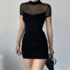 Goth Dark Mall Goth Mesh Patchwork Short Sleeve Mini Dress Cyber Y2K Half High Collar Pleat Bodycon Dresses Women Slim Techwear