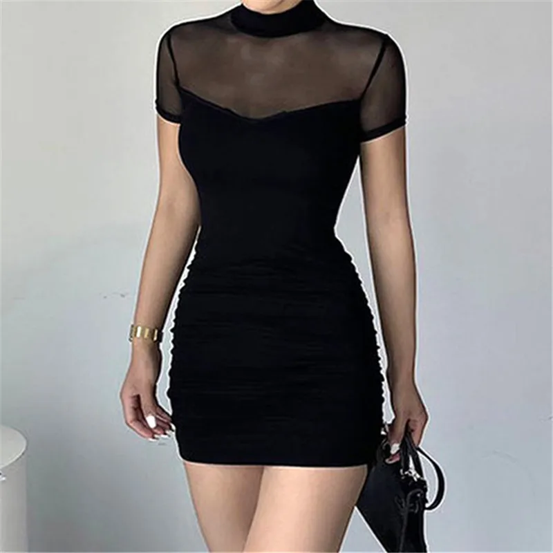 Goth Dark Mall Goth Mesh Patchwork Short Sleeve Mini Dress Cyber Y2K Half High Collar Pleat Bodycon Dresses Women Slim Techwear