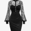 ROSEGAL Plus Size Gothic Sexy Lace Mini Dress Heart Panel Buttons Lantern Sleeves Party Dresses Patchwork Bodycon Vestidos Black