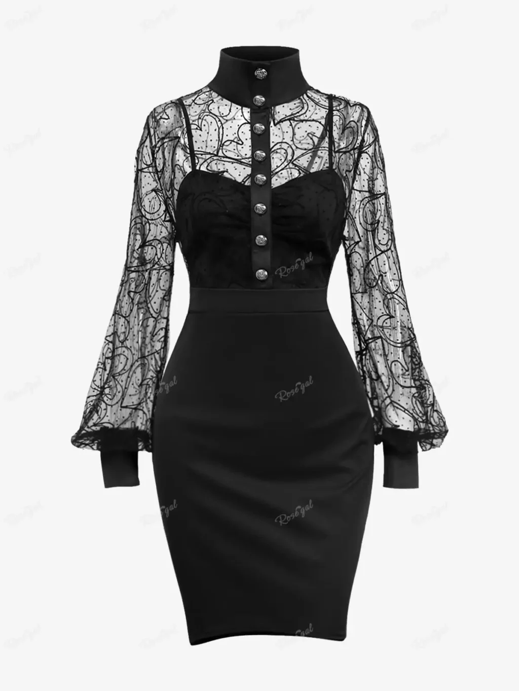 S60548f25704249ef80fc621e0ced86caB.webp ROSEGAL Plus Size Gothic Sexy Lace Mini Dress Heart Panel Buttons Lantern Sleeves Party Dresses Patchwork Bodycon Vestidos Black