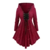 ROSEGAL-Plus Size Deep Red Hooded T-shirt for Women, Long Sleeves, Handkerchief, Lace Up, Ruffles Pullovers, Casual Tee